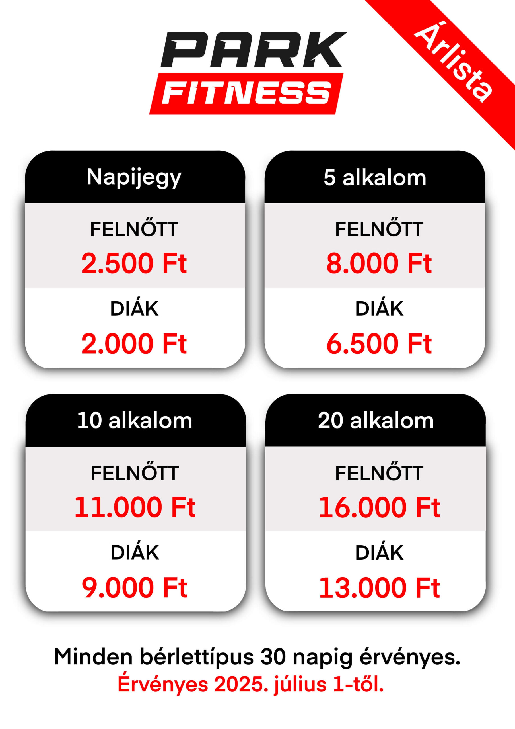 Park Fitness árlista 2025 07.01-től